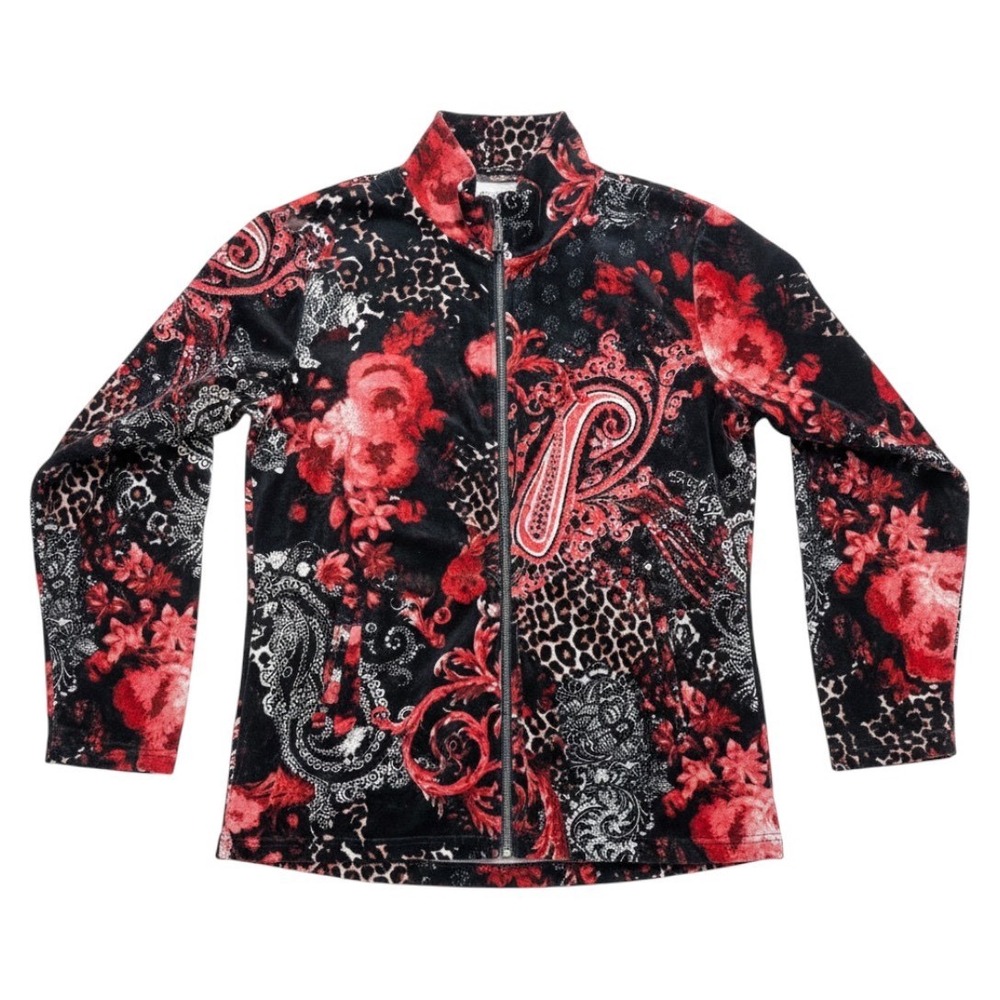Onque Casual Jacket XL Paisley Leopard Print Red Black Mock Neck Gothic Romantic